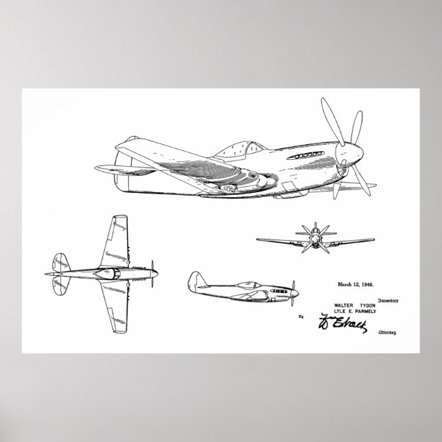 1946 WW2 Airplane Patent Art Drawing Print (Front)