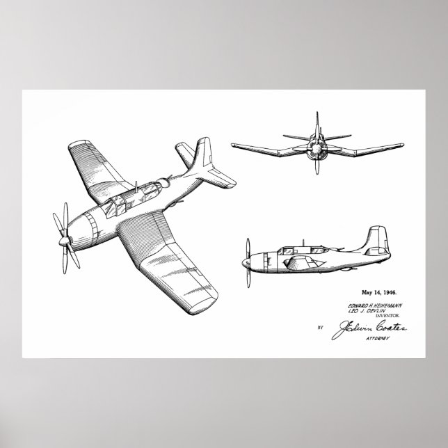 1946 WW2 Airplane Patent Art Drawing Print (Front)
