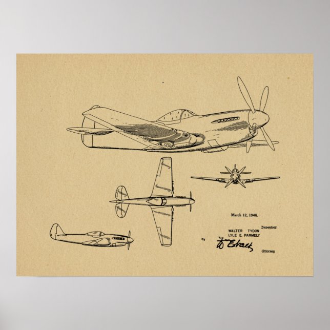 1946 WW2 Airplane Patent Art Drawing Print (Front)