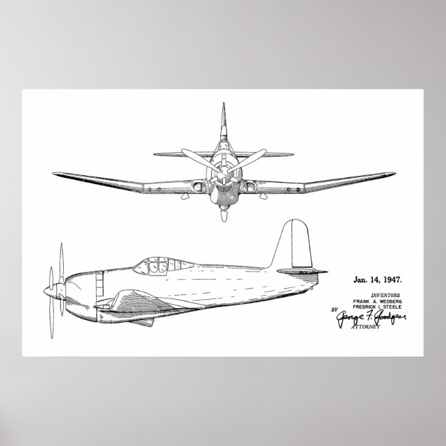 1947 Vintage Airplane Patent Drawing Art Print (Front)