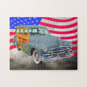 1948 Pontiac Silver Streak Woody And US Flag Jigsaw Puzzle