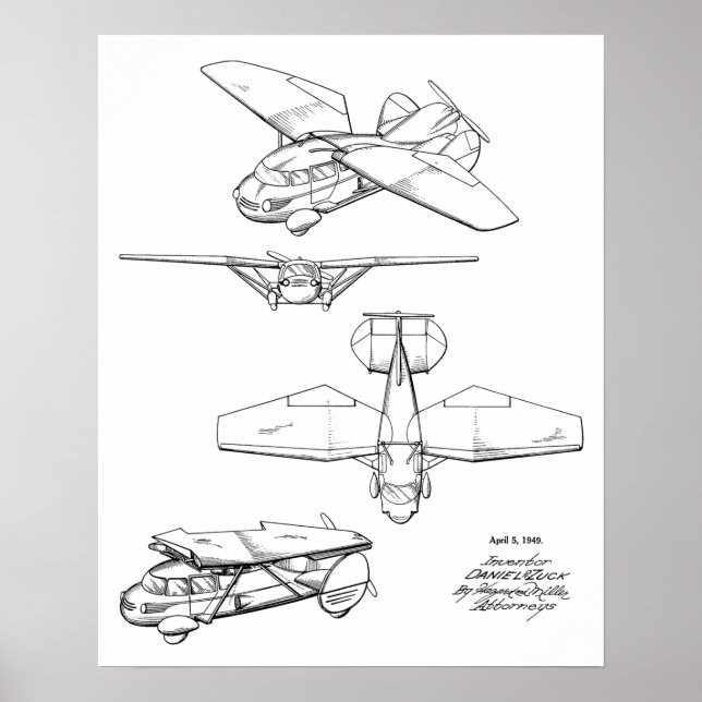 1949 Flying Car Airplane Patent Art Drawing Print (Front)