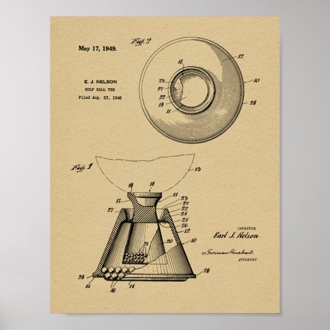1949 Golf Ball Tee Patent Art Drawing Print (Front)