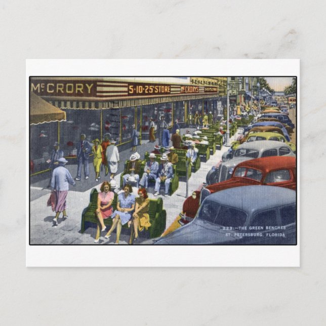 1949 St Petersburg Florida "The Green Benches" Postcard (Front)