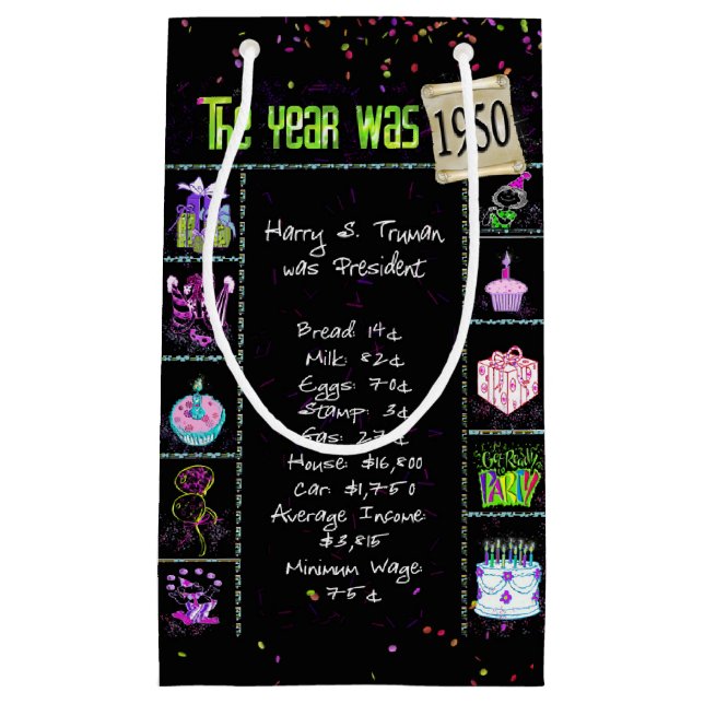1950 Birth Year Trivia on Black Small Gift Bag (Front)