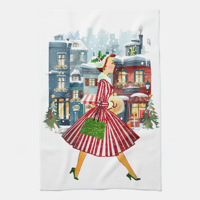 1950 Christmas Vintage Lady  Kitchen Towel (Vertical)