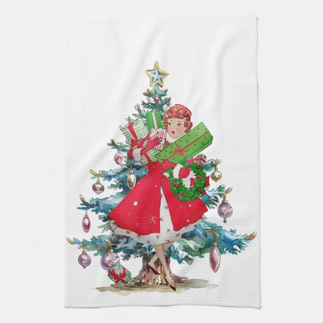 1950 Christmas Vintage Lady  Kitchen Towel (Vertical)