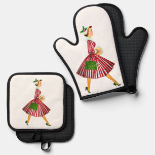 1950 Christmas Vintage Lady Merry Christmas Oven Mitt & Pot Holder Set