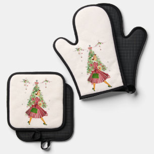 1950 Christmas Vintage Lady  Oven Mitt & Pot Holder Set