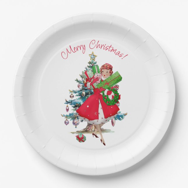 1950 Christmas Vintage Lady  Paper Plate (Front)