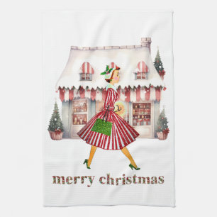 1950 Christmas Vintage Lady Shopping Kitchen Towel