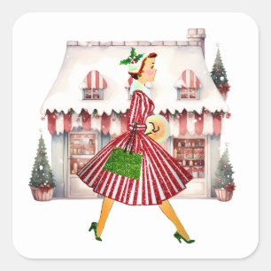 1950 Christmas Vintage Lady Shopping Square Sticker