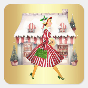 1950 Christmas Vintage Lady Shopping Square Sticker