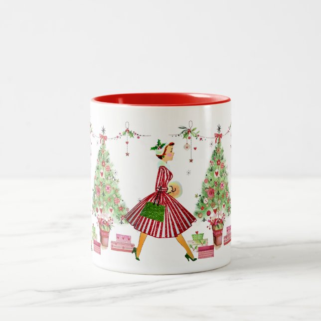 1950 Christmas Vintage Lady  Two-Tone Coffee Mug (Center)