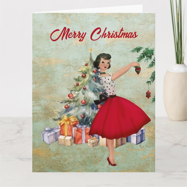 1950 Christmas Woman with Christmas Tree Card (Front)