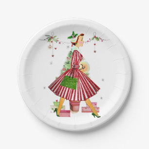 1950 Christmas Woman with Christmas Tree Paper Plate