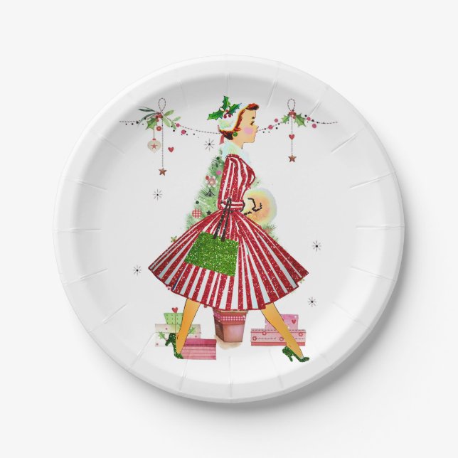 1950 Christmas Woman with Christmas Tree Paper Plate (Front)