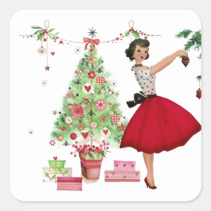 1950 Christmas Woman with Christmas Tree Square Sticker