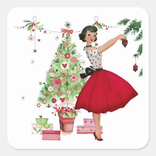 1950 Christmas Woman with Christmas Tree Square Sticker (Front)