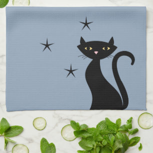 1950-style Black Cat, blue Kitchen Towel