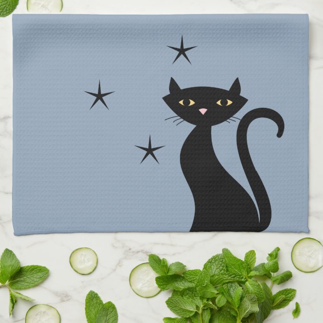 1950-style Black Cat, blue Kitchen Towel (Folded)