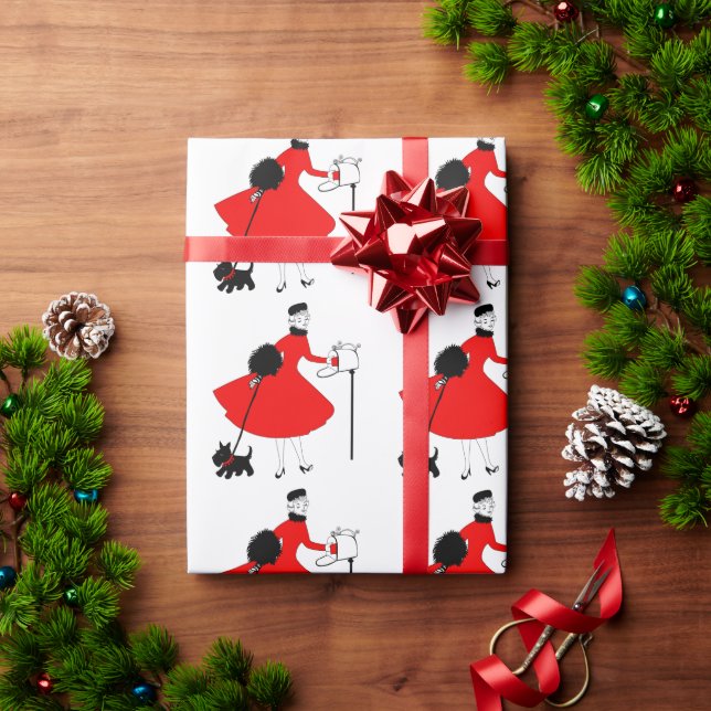1950 Vintage Christmas Lady with Dog Wrapping Paper (Holiday Gift)