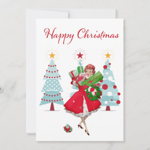 1950 Vintage Christmas Lady with Presents  Holiday Card