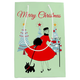 1950 Vintage Christmas Lady with Scottish Terrior Medium Gift Bag