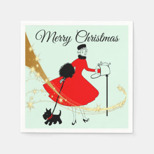 1950 Vintage Christmas Lady with Scottish Terrior  Napkin