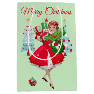 1950 Vintage Christmas woman carrying Xmas gifts Medium Gift Bag