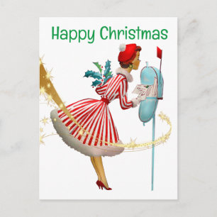 1950 Vintage Christmas woman with gifts Postcard