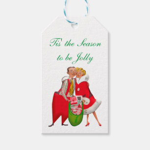 1950 Vintage Couple with Christmas Gift Sack Gift Tags