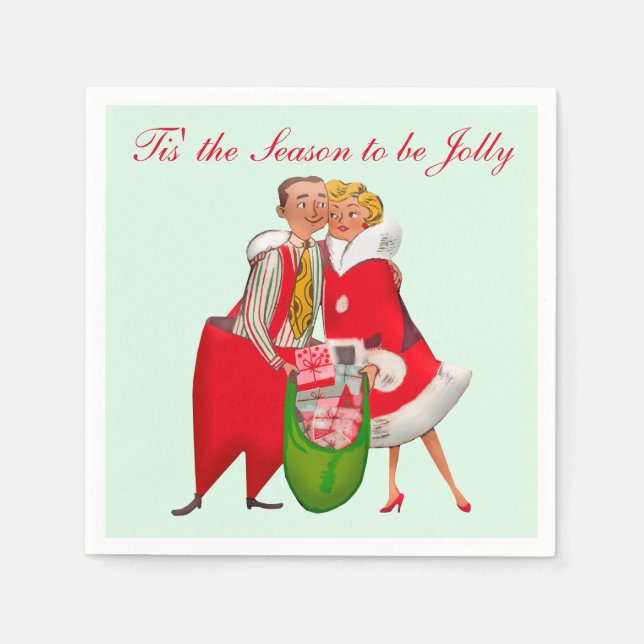 1950 Vintage Couple with Christmas Gift Sack Napkin (Front)