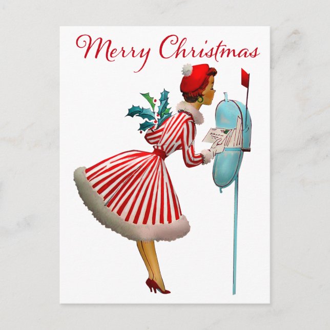 1950 Vintage Lady Checking Christmas Mail Postcard (Front)