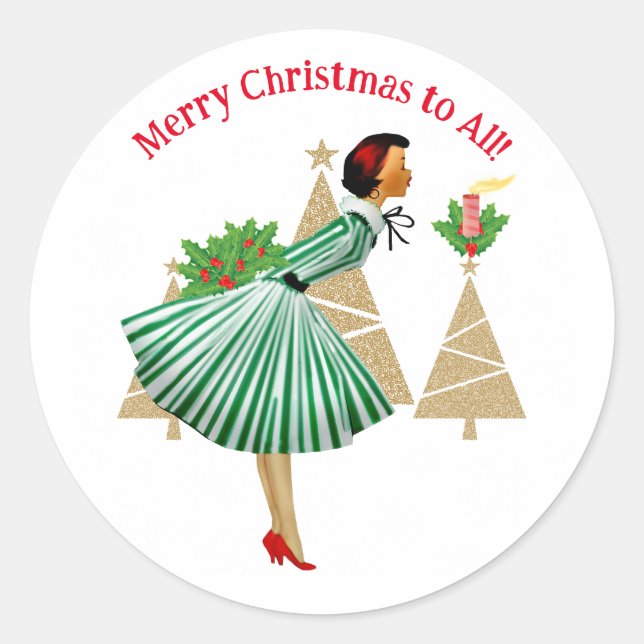 1950 Vintage Lady Christmas Greetings  Classic Round Sticker (Front)