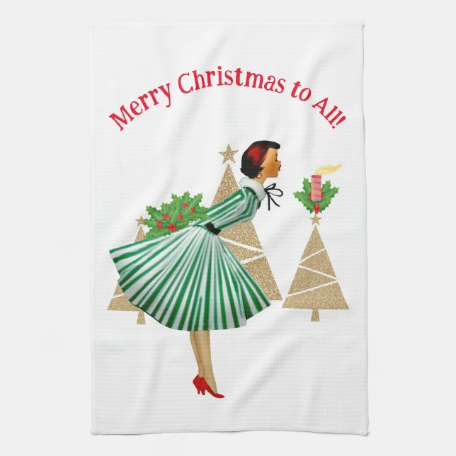 1950 Vintage Lady Christmas Greetings Kitchen Towel (Vertical)