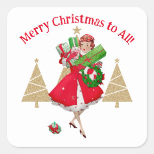 1950 Vintage Lady Christmas Greetings Square Sticker