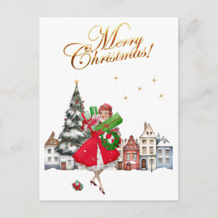 1950 Vintage Lady Christmas Shopping for Gifts Holiday Postcard