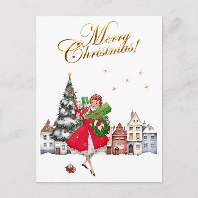 1950 Vintage Lady Christmas Shopping for Gifts Holiday Postcard (Front)