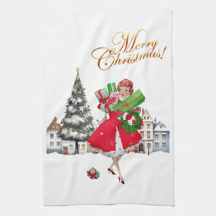 1950 Vintage Lady Christmas Shopping for Gifts Kitchen Towel