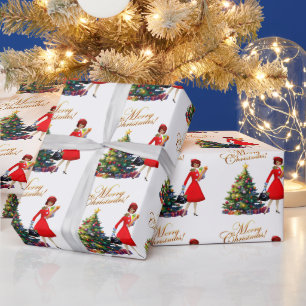 1950 Vintage Lady Christmas Shopping for Gifts    Wrapping Paper