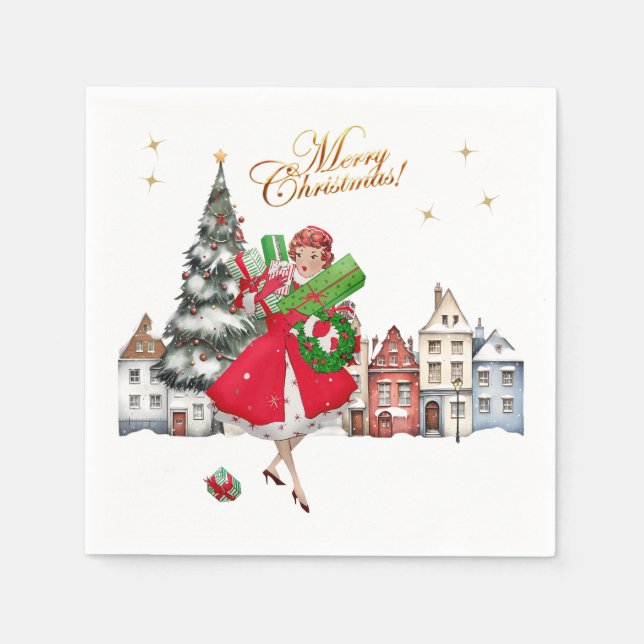 1950 Vintage Lady Christmas Shopping  Napkin (Front)