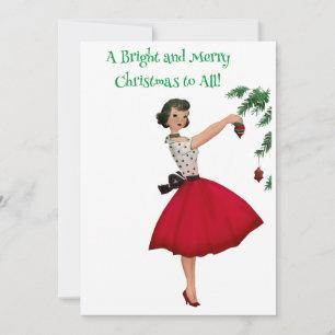 1950 Vintage Lady Decorating Christmas Tree Holiday Card