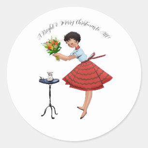 1950 Vintage Lady with Flowers Classic Round Sticker