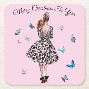 1950 Woman with Butterflies Christmas Greeting Square Paper Coaster