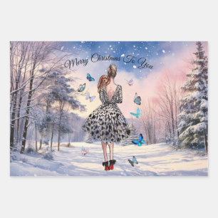1950 Woman with Butterflies Christmas Greeting Wrapping Paper Sheet