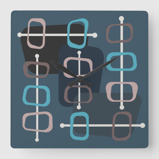 1950s Abstract Art Hollow Rocks Teal Square Wall Clock (Front)