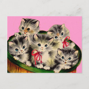 1950s adorable basket o' kittens postcard