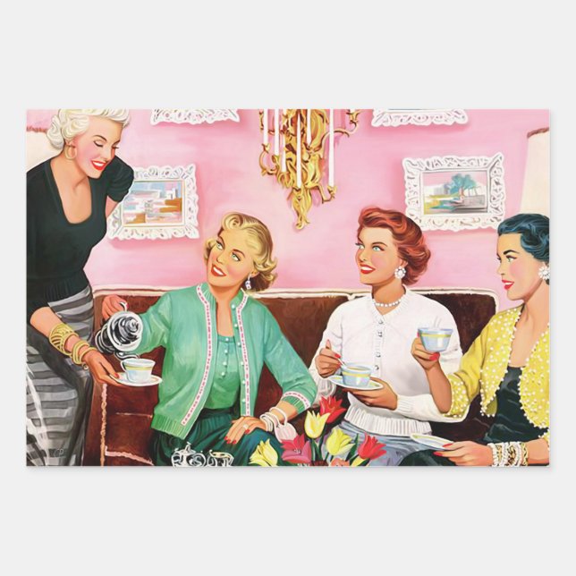 1950'S AFTERNOON TEA VINTAGE ART WRAPPING PAPER SHEET (Front)