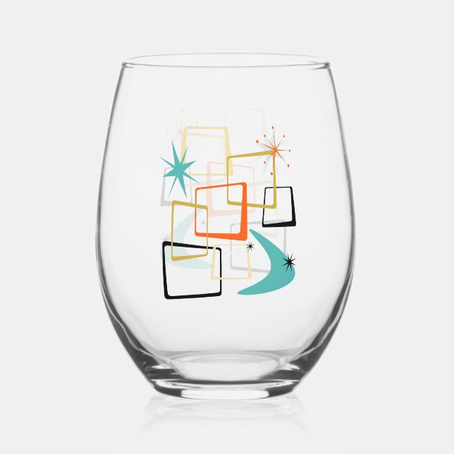 1950s Atomic Era Stars Boomerang Mid Century Stemless Wine Glass (Front)